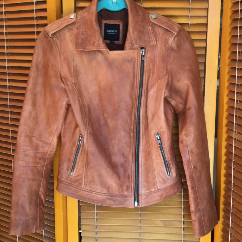 Barneys New York Women's camel colored Leather Moto Jacket